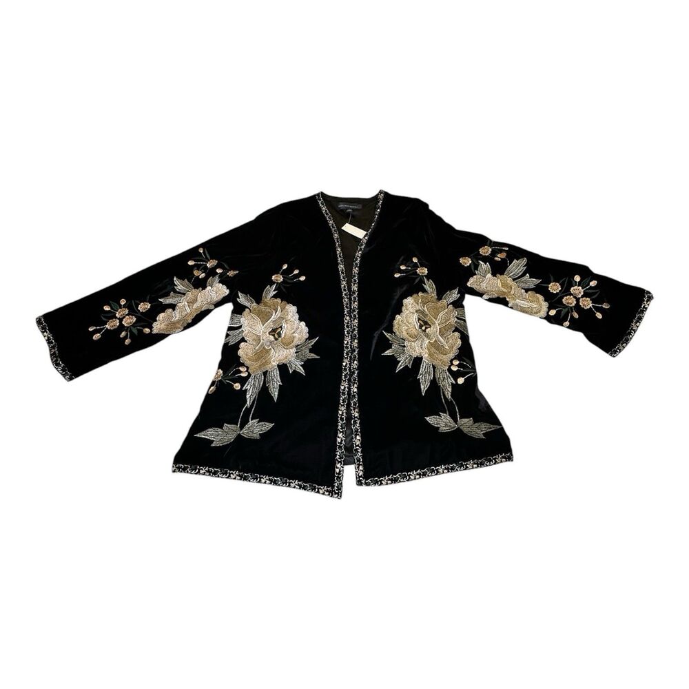 Colleen Lopez Black Velvet Embroidered Floral Kimono Jacket Open Front Large NWT